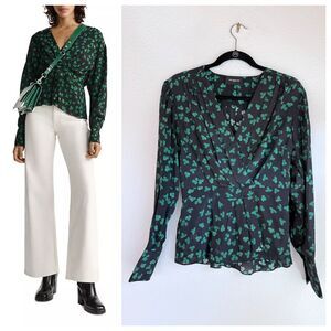 NEW The Kooples Naïve Flowers Long Sleeve V-Neck Blouse in Black & Green Size S